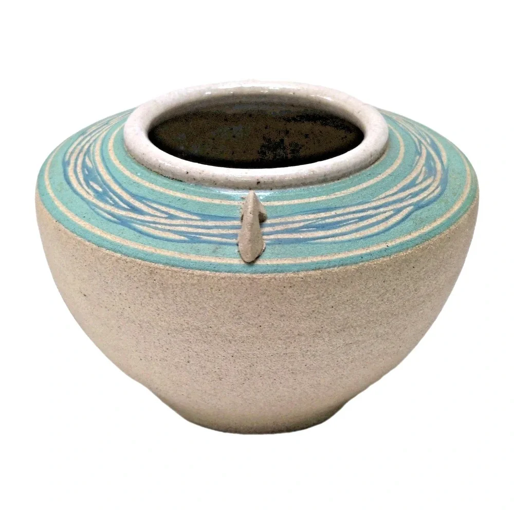 Studio Pottery Handmade Vase Handles Turquoise Blue Wave Glaze Beige Stoneware